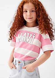 Mavi Logo Baskılı Pembe Çizgili Tişört / MAVİ